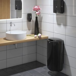 Stilrent handfat i ett offentligt toalettutrymme, med svarta dispenserar och soptunna samt en dekorativ blomvas.