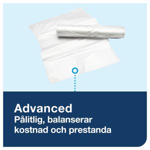 Rulle med vita påsar för avfallshantering, med texten 