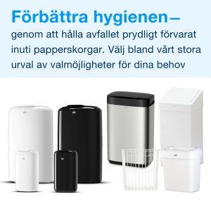 Olika modeller av soptunnor för hygienisk avfallshantering, med texten 