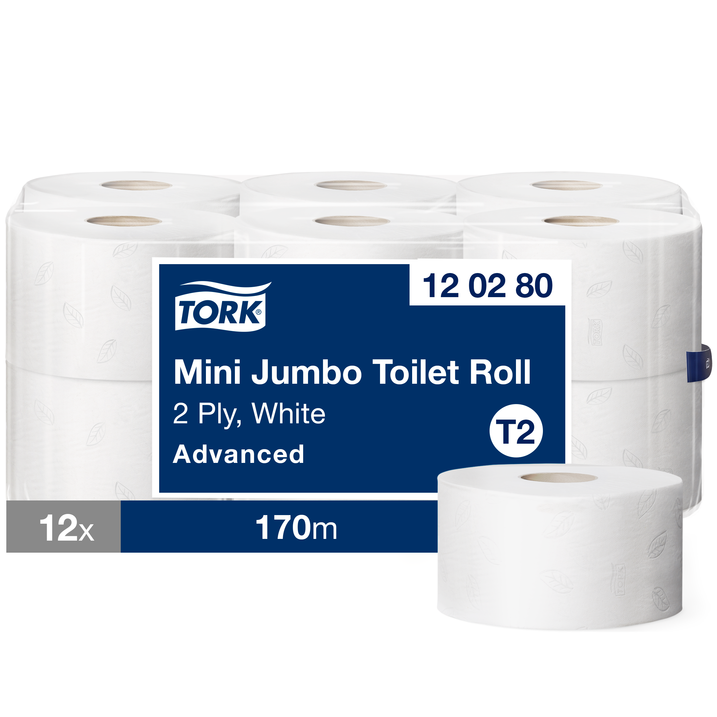 Toalettpapper Tork T2 Advanced mini jumbo, 12rullar i en ball