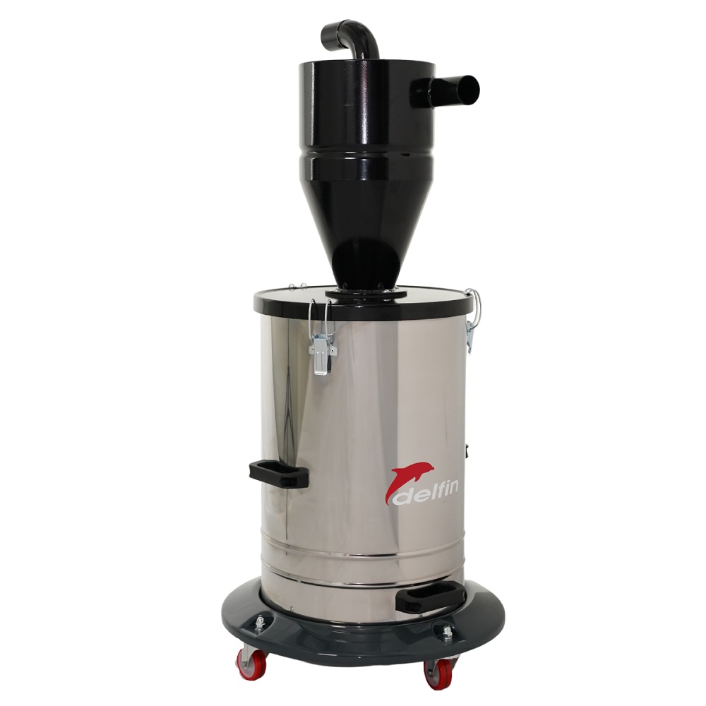 Föravskiljare med cyklon 60L ESD rostfri med ESD-skydd, 2x50 mm anslutningar och länkhjul. Robust och mobil lösning för industristädning.