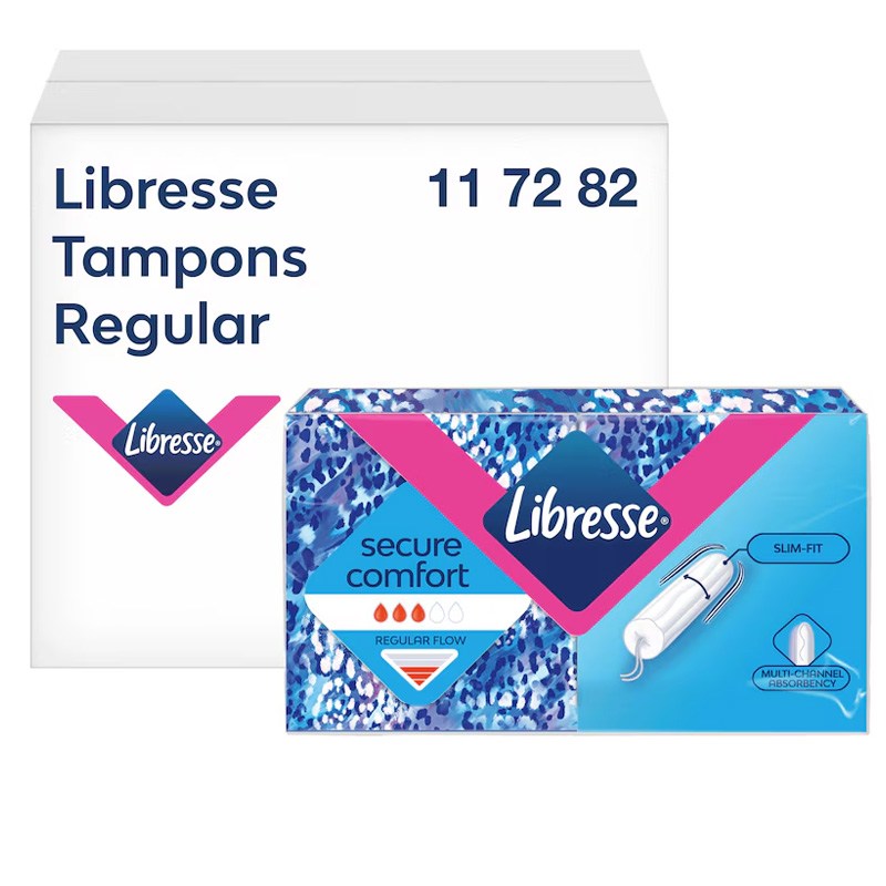 En vit kartong med en mindre blå förpackning av libresse 117282 tamponger framför.